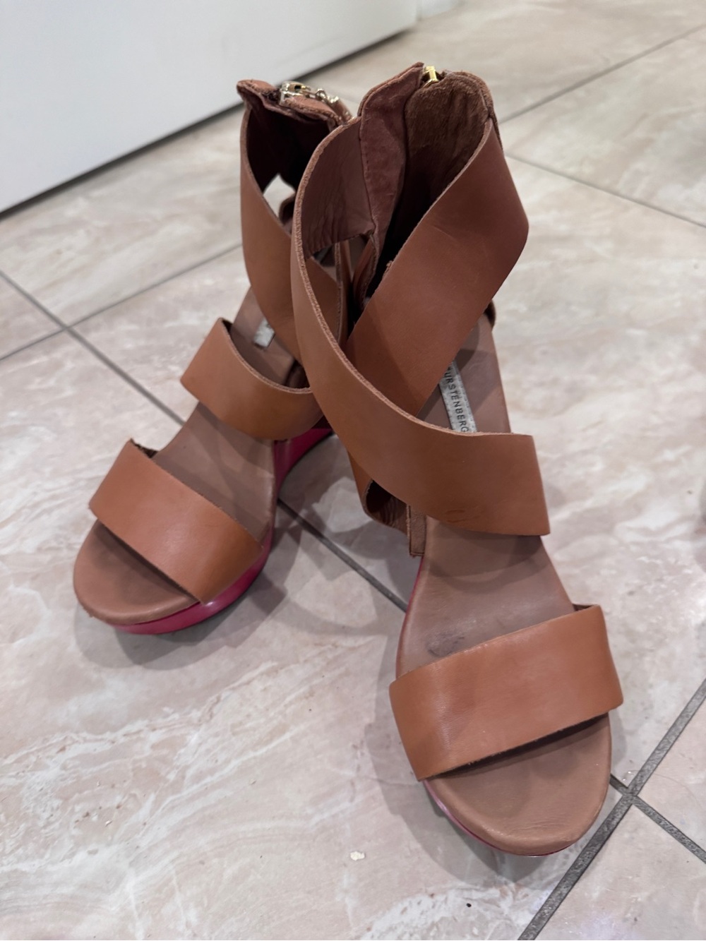 Diane Von Furstenberg Tan Leather Crisscross Wedge Sandals with Pink Sole